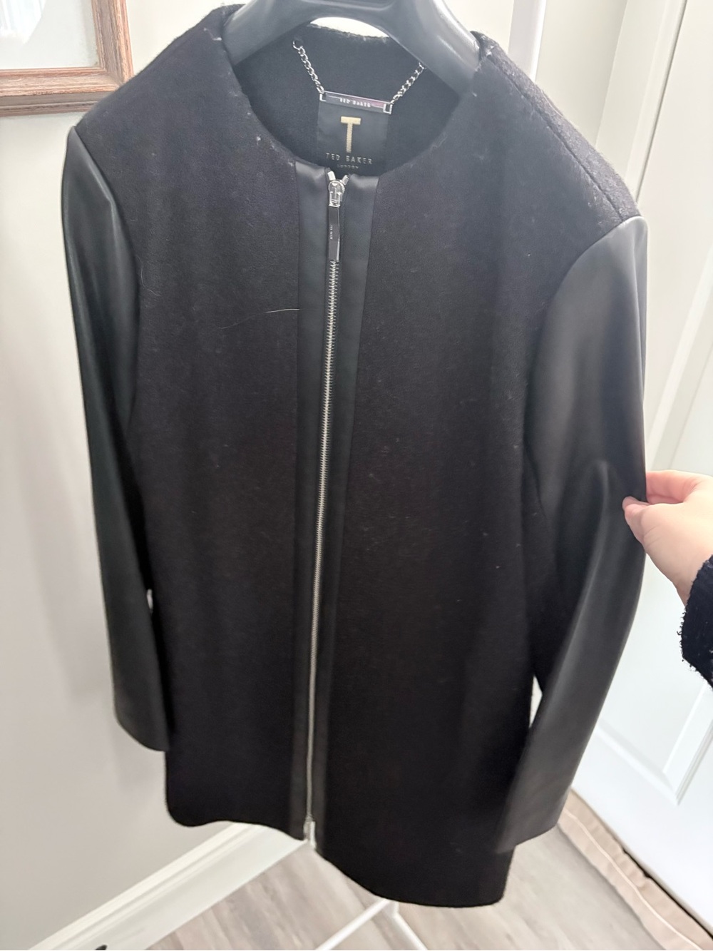 Ted Baker Black Mixed-Media Faux Leather Sleeve Zip Jacket (ted baker size 2)